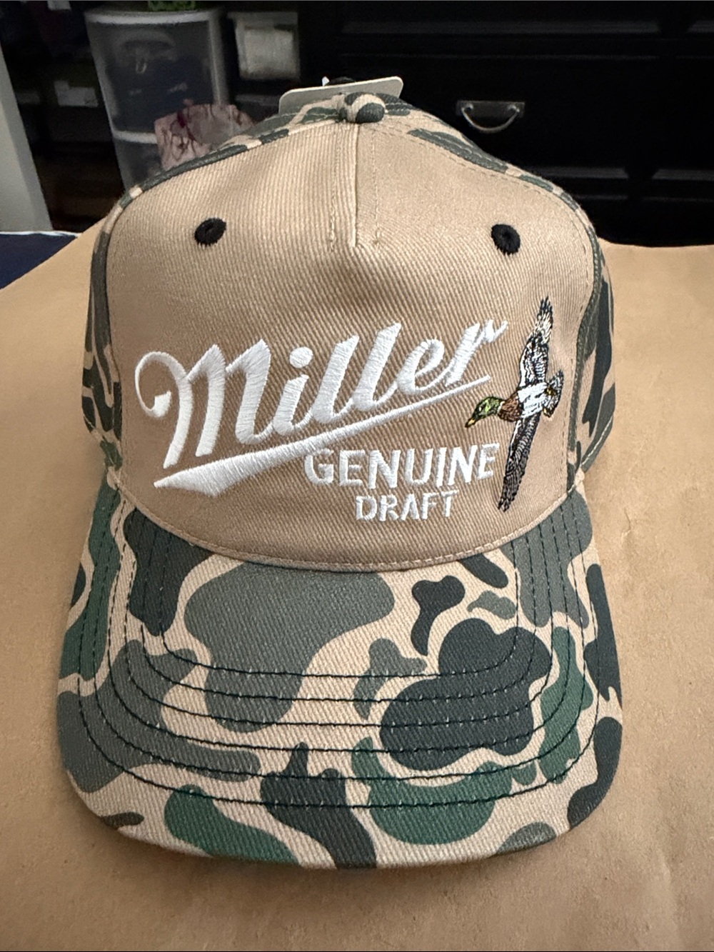 New Tan and Green Camouflage Miller Genuine Draft Embroidered Cap NWT
